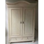 ARMOIRE, 19th century French grey painted with arched cornice two doors and two drawers, 140cm x