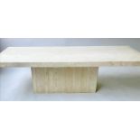 TRAVERTINE LOW TABLE, rectangular with conforming plinth, 150cm W x 60cm D x 42cm H.