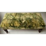 HEARTH STOOL, rectangular with berry and foliage tapestry studded upholstery, 110cm W x 42cm H.