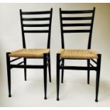 GIO PONTI STYLE CHAIRS, a pair, ebonised with bar backs and woven cord seats. (2)