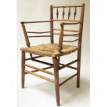 SUSSEX ARMCHAIR, 19th century beech framed with woven cord seat, 54cm W.