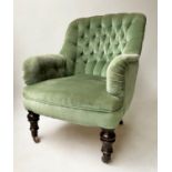 ARMCHAIR, Victorian mahogany with moss green button upholstered back and arms, 68cm W.
