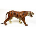 LEATHER TIGER, Liberty style, hand painted with glass eyes, 82cm L x 36cm H.