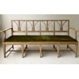 COUNTRY HOUSE BENCH, 19th century oak with four section foliate carved back and green velvet