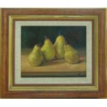 IAN KINNEAR (Contemporary Scottish) 'Pears on Table', oil on board, initialled lower right, 20cm x
