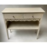 SIDE TABLE, French style grey painted with two drawers and pierced centre frieze, 80cm W x 75cm H