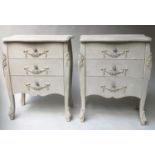 BEDSIDE CHESTS, a pair, French style grey painted bombé each with three drawers, 61cm x 34cm x