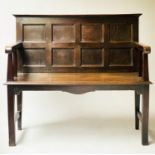 HALL SETTLE, 19th century oak with panelled back and square supports, 96cm H x 107cm W x 50cm D.