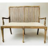 HALL BENCH, Edwardian fruitwood with shaped slatted back and studded linen upholstered seat, 106cm