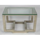 LOW TABLE, 52cm H x 79cm x 50cm, chrome with thick plate glass top.