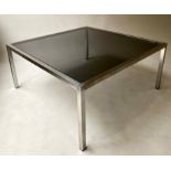 LOW TABLE, 1960's attributed to Merrow Associates chromed with sepia glass, 90cm x 90cm x 44cm H.