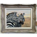 CHRIS WARREN 'Zebras', oil on canvas, signed, 29cm x 40cm, framed.