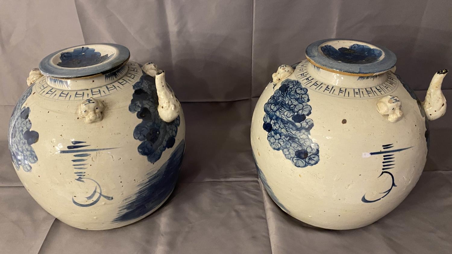 KETTLE POTS, a pair, Chinese export style blue and white, 30cm x 24cm. (2) - Image 3 of 5