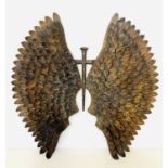 WALL RELIEF, angel wings with cross, oxidised metal, 100x95.