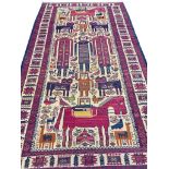 FINE SOUMAK PICTORIAL RUG, 241cm x 132cm.