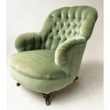 ARMCHAIR, Victorian mahogany with deep buttoned moss green velvet upholstery and turned front