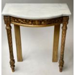 CONSOLE TABLE, Italian giltwood with pierced frieze and spiral front supports and marble top, 62cm W