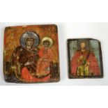 GREEK ORTHODOX ICONS, two, Madonna and child with silver and brass halo's and one of Christ, 15cm