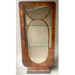 ART DECO DISPLAY CASE, figured walnut oval glazed with shaped plinth, 57cm W x 120cm x 30cm D.