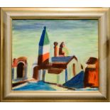 MANNER OF GABRIEL COUDERC (French, 1905-1994) 'L'Eglise', oil on board, 24.5cm x 29.5cm, framed.