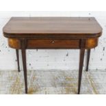 TEA TABLE, George III mahogany with foldover top, boxwood stringing and drawer, 96cm W x48cm x