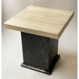 COFFEE TABLE, square Italian travertine with black marble plinth, 52cm x 52cm x 53cm H.