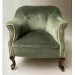 ARMCHAIR, late Victorian with Royal green buttoned upholstery and natural twist cord trim.