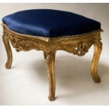 HEARTH STOOL, French Louis XV style serpentine giltwood with Royal blue velvet upholstery, 90cm W