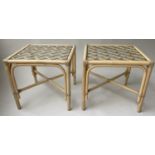 LAMP TABLES, a pair square rattan framed, mesh inset and cane bound (glazed), 45cm H x 50cm x 50cm