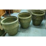 PLANTERS, a set of three, 41cm H x 38cm diam, galvanised, weathered finish. (3)