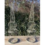 ARCHITECTURAL TALL GARDEN OBELISKS, a pair, regency style, aged metal, 110x28. (2)