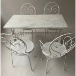 TERRACE SET, 19th century cast iron with marble top 105cm x 60cm x 72cm H, together with a set of