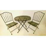 GARDEN TABLE AND TWO CHAIRS, regency style, green painted finish, chairs, 71cm H, table, 70cm