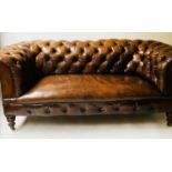 VICTORIAN CHESTERFIELD SOFA, natural tan hide leather with deep buttoned back, arms and turned