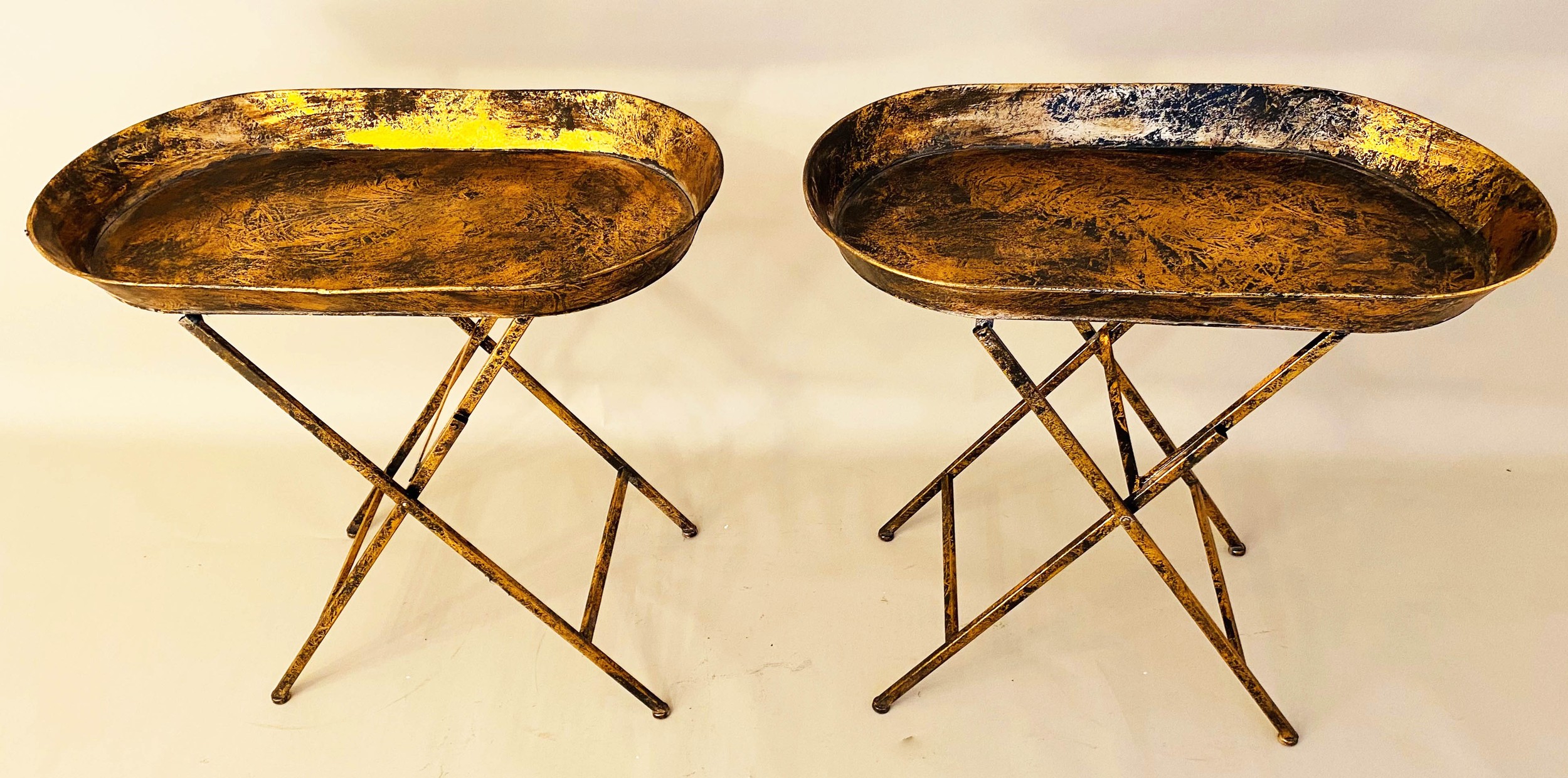 TRAY TABLES, a pair, gilt metal, fold out base 66cm x 69cm x 39cm. (2) - Image 4 of 7