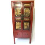 MARRIAGE CABINET, 77cm W x 55cm D x 179cm H, 19th century Chinese, scarlet lacquered, with typical