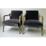 ARMCHAIRS, a pair Dutch style grey oak framed with soft grey velvet upholstery. (2)