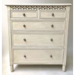 COMMODE, French style grey painted with pierced frieze and five drawers, 40cm x 91cm x 102cm H.