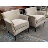 ARMCHAIRS, a pair, 82cm H, brown fabric upholstered, on ebonised legs. (2)