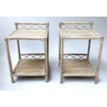 LAMP TABLES, a pair, bamboo framed, woven panelled and cane bound with two tiers, 37cm x 37cm x 56cm
