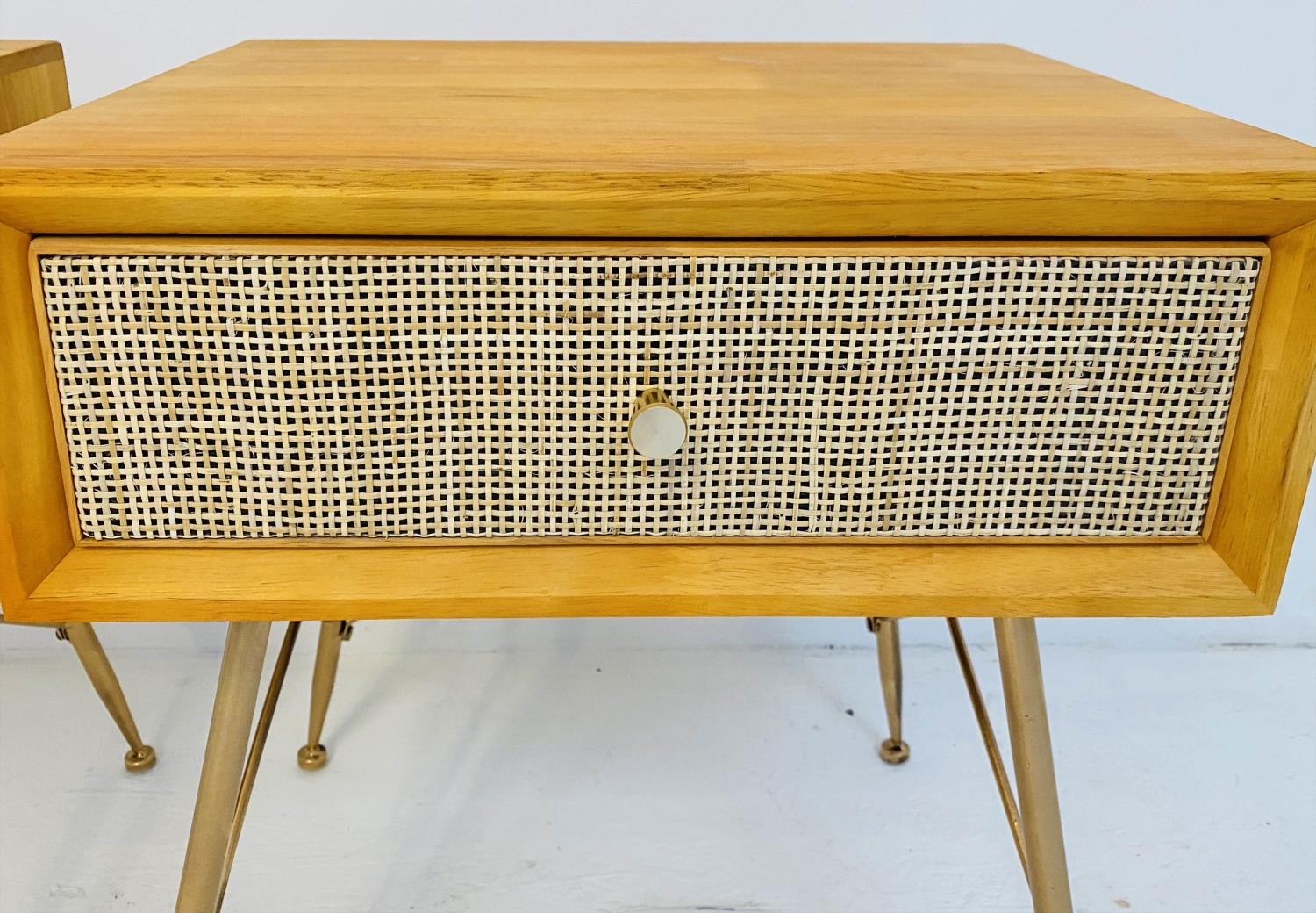 SIDE TABLES, a pair, 1960s Danish style, each with one drawer, rattan fronted detail, 52cm x 46cm - Image 4 of 5
