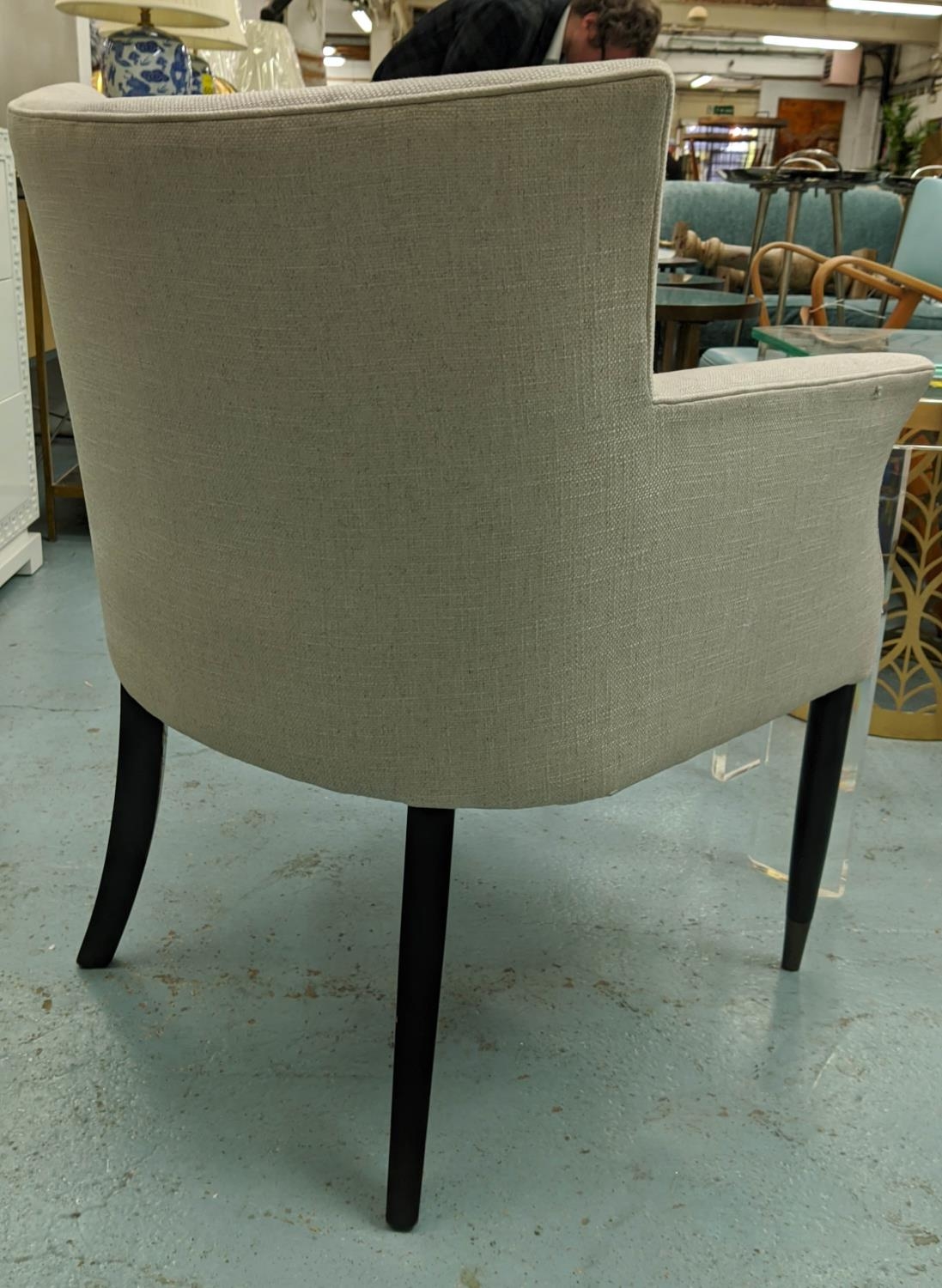 ARMCHAIR, 82cm H, white fabric upholstered, ebonised legs. - Image 5 of 6