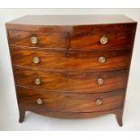 BOWFRONT CHEST, Regency figured mahogany with inlaid frieze, five drawers and swept supports, 90cm x