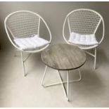 TERRACE SET, weather proof wirework, a pair of armchairs and round weathered table, 50cm x 50cm