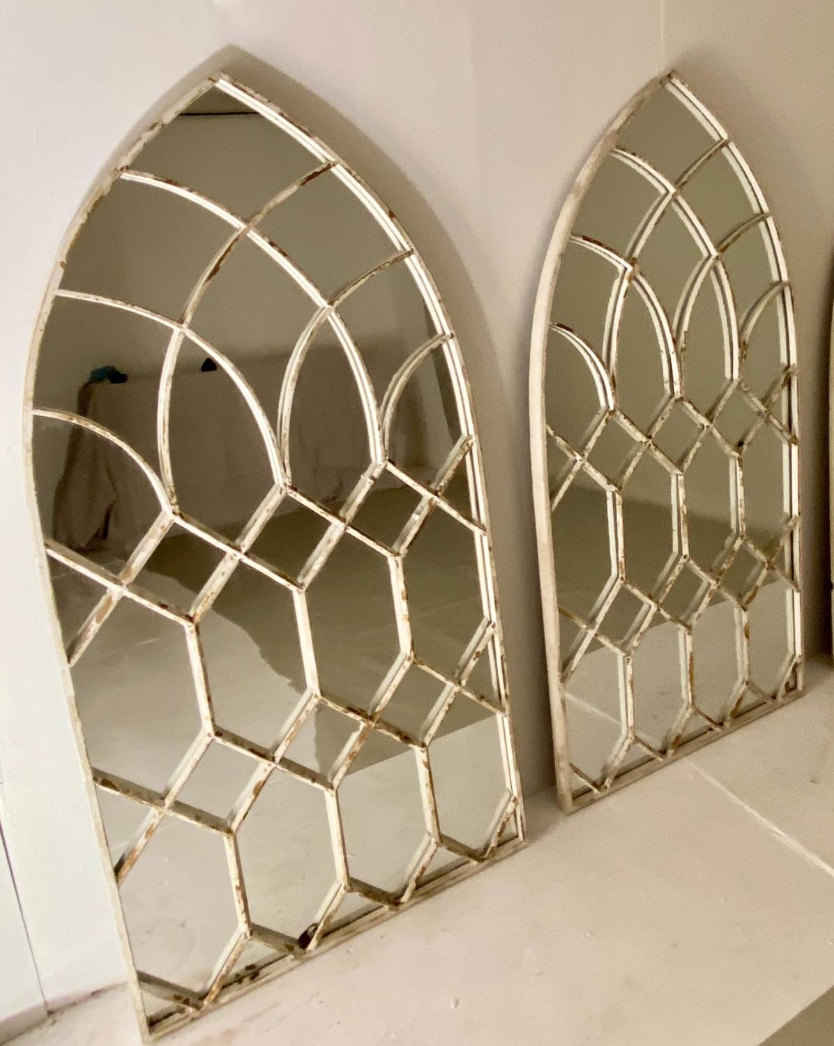 ARCHITECTURAL WALL MIRRORS, a pair, Moorish style arched design, aged white painted, 132cm x - Image 2 of 4