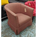 TUB ARMCHAIR, 77cm W, patterned red fabric upholstered.