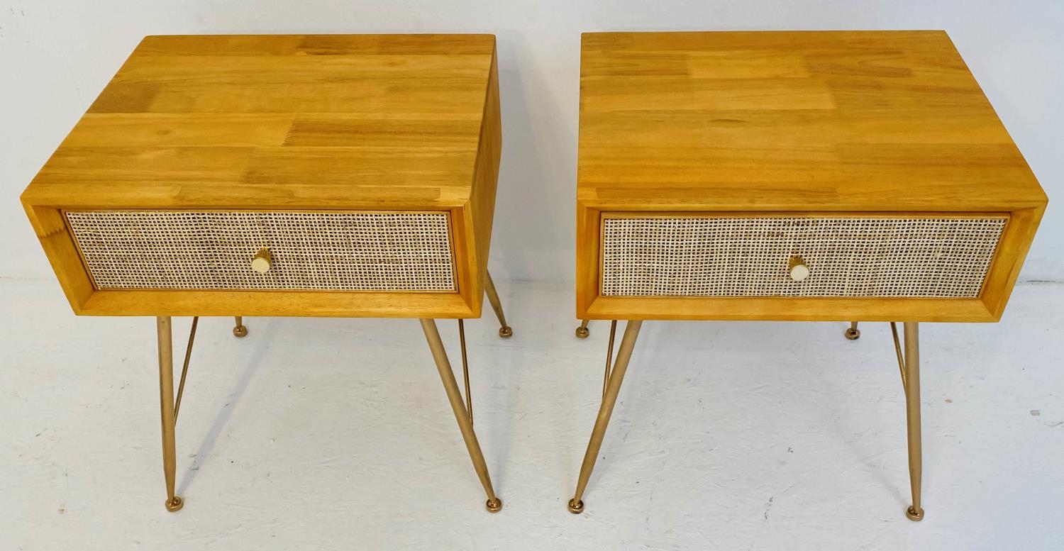 SIDE TABLES, a pair, 1960s Danish style, each with one drawer, rattan fronted detail, 52cm x 46cm - Image 3 of 5