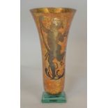 GLASS VASE, Mexican verre eglomise with figural decoration on stepped base, indistinctly signed,