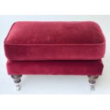 HEARTH STOOL, rectangular deep red velvet upholstery and turned supports with castors, 72cm W.