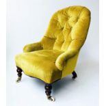 SLIPPER CHAIR, Victorian, buttoned yellow velvet, 54cm W.